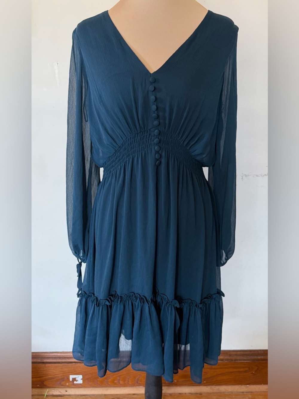 Taylor Teal Chiffon Dress Size 10 Long Sleeve Ruffle Hem Romantic Flowy